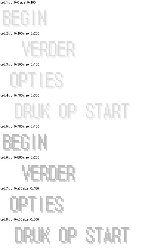 Technische decode van de Nederlandse titelmenu-assets met BEGIN, VERDER, OPTIES en DRUK OP START